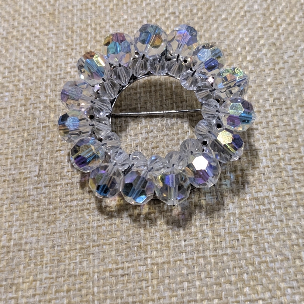 Vintage Aurora Borealis Beaded Wreath Brooch Clear Iridescent Crystal Pin